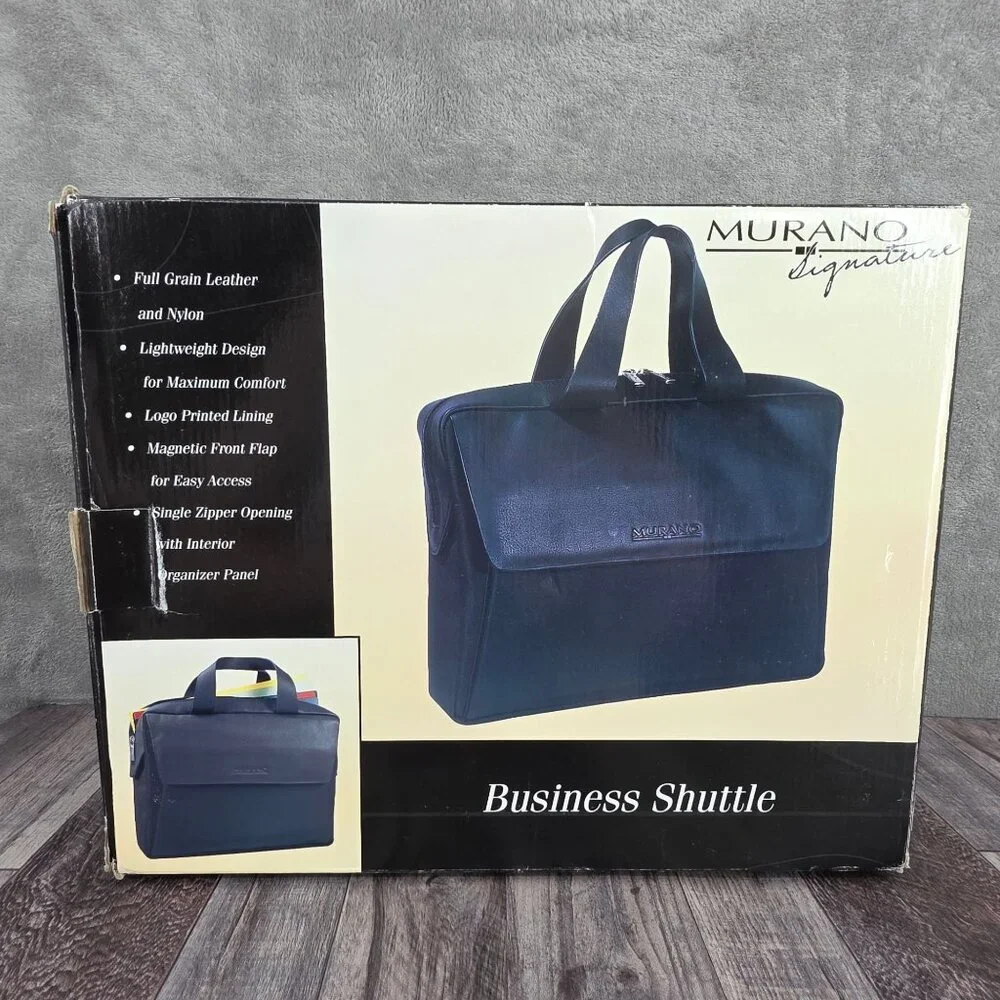Murano Signature VTG Business Shuttle Laptop Bag Black Leather Nylon Deadstock